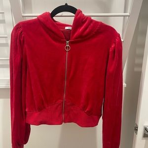 Reflex, Rich Red, Cropped Velvet Zip-Up Sweatshirt W/ Hood, Puff Sleeves, SZ M